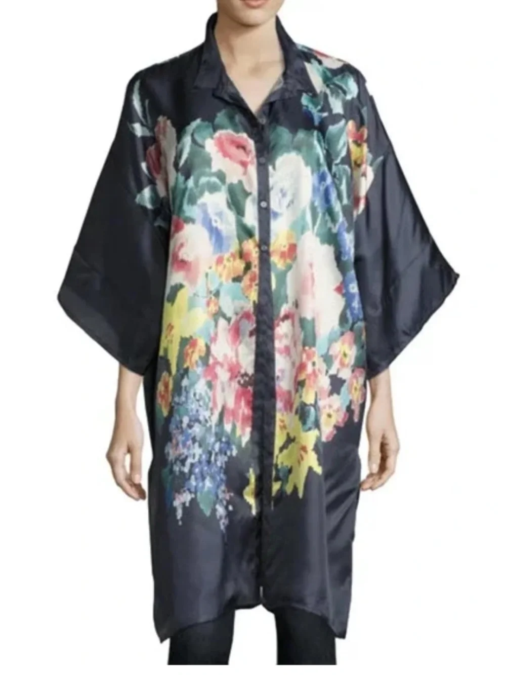 Johnny Was Malani Silk Floral Button Front Tunic Blouse S Blue Multicolor Boho - Picture 1 of 11